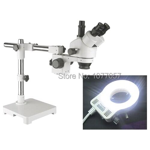 Best Sale,CE,7X- 45X Trinocular boom stand Stereo Microscope + led ring light,Well sold In EU , USA , Latin American