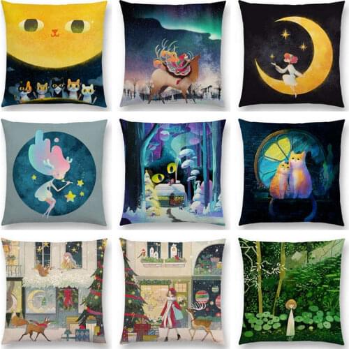 Cute Cartoon Animals Little Cat Dream Elk Pretty Girl Magic Forest Shining Stars Moon Warm Cushion Cover Sofa Throw Pillow case