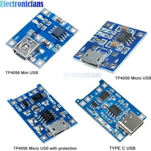 Mini Micro Type C USB 5V 1A 18650 TP4056 Lithium Battery Charger Module Charging Board With Protection Dual Functions 1A Li-ion
