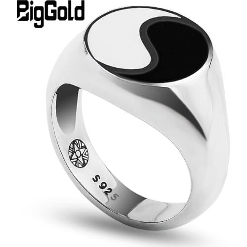 Tai chi Yin Yang Gossip Ring Epoxy Rings Men Antique 925 Sterling Silver Finger Enamel Asian Ring Jewelry For Men and Women