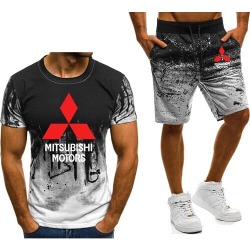 New 2021 Summer Mens suits Mitsubishi Car Logo Printed Casual Gradient High Quality Mens T-Shirt Pants Suit 2Pcs