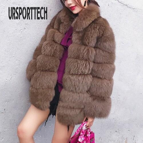 URSPORTTECH Faux Brown Fox Fur Coat Women Teddy Coat Jacket Streetwear Autumn Winter Warm Fake Fox Fur Coats Outerwear Female