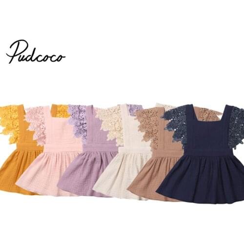 Pudcoco Newborn Baby Girls Ruffle One-Pieces Cotton & linen Dress Lace Short Sleeve Tie Back Outfits Sundress Summer Dress