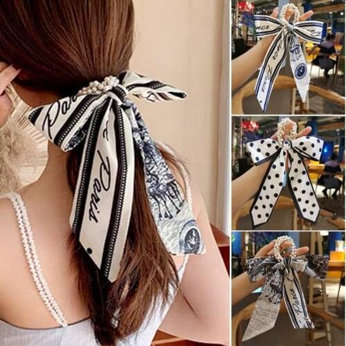 Hair Scrunchies Satin Silk Bow Elastic Beaded Hair Ties Band Ponytail Holder Hair Scarf Vintage Hair Accessories LXH