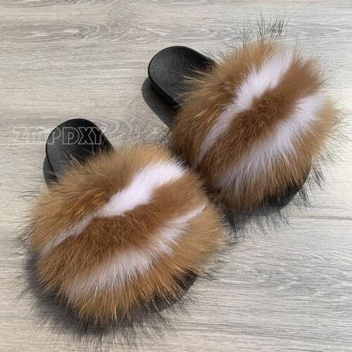 Hot Sale Fluffy Real Fox Fur Slides Women Fuzzy Slippers Female Amazing Shoes Soft Furry Plush Slides Cute Flip Flops Wholesale