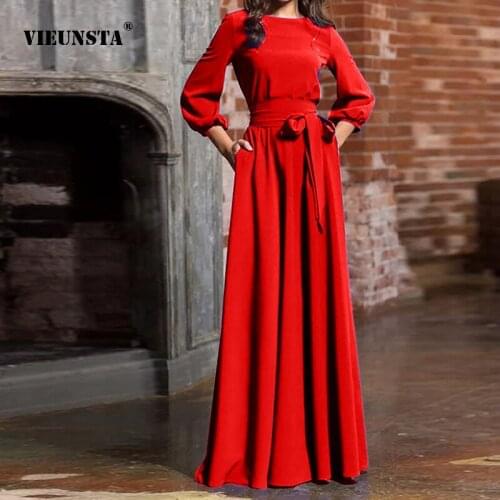VIEUNSTA Advanced Elegant Womens Dress Round Neck Puff Sleeve Bandage Floor-Length Skirt High Waist Slim Cocktail Evening Dress