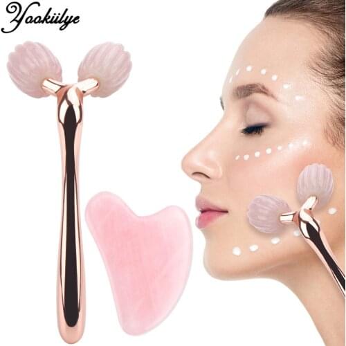Facial Jade Roller Face-lift Massage & Rose Quartz Natural Guasha Board Wrinkle Remover 3D Roller for Face Slimming Skin Care
