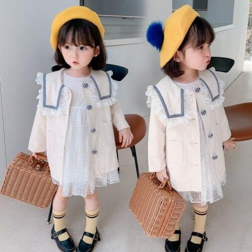 Girls' windbreaker jacket spring and autumn childrens lapel cardigan new style baby girl Korean college style childrens wear