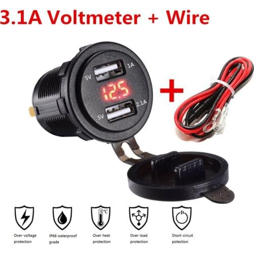 3 Colors Waterproof Dual USB Power Outlet 3.1A with Voltmeter & Wire In-line 10A Fuse for 12-24V Car Boat Marine Motorcycle