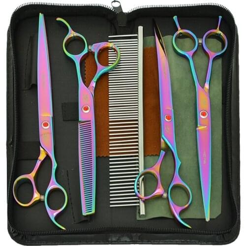 8.0" Japan Steel Dogs Scissors Straight Shears Thinning Tijeras Animals Curved Tesoura Pets Grooming Scissors Set Forceps B0052A