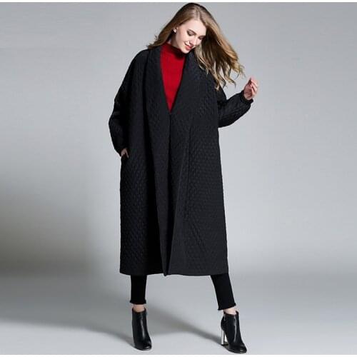 Plus size womens long sleeve Cotton-padded jacket coat Large size ladies' loose long Elegant coat oversize turn-down collar