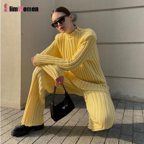 Brand High Quality 2021 Casual Fashion 2PCS Outfits Women Sets Ribbed Knitted Trousers Winter Turtleneck Sweater 2 Piece Sets