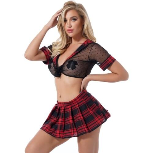Womens Sexy Lingerie Set Short Sleeve Plunging Neckline Lace-up Crop Tops See-through Mesh Vest Tank with Plaid Skirt For Club