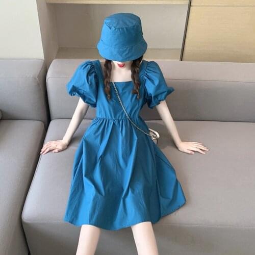 Candy Color Women Vintage Mini Dress High Waist Square Collar Puff Sleeves Dress Summer Cotton Linen Vestidos Big Size M-6XL 7XL