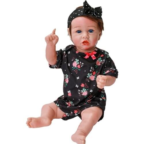 20Inch Full Silicone Reborn Baby With Teeth Lifelike Doll Crooked Mouth Brown Blue Eyes Water Proof Bath Toy Cute Floral Dress