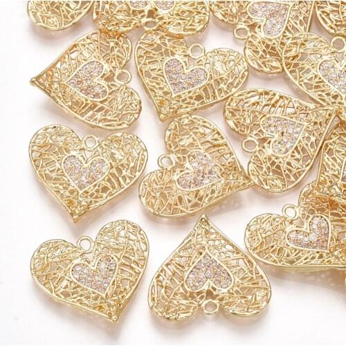 30pcs Real 18K Gold Plated Brass Cubic Zirconia Heart Pendants Charms for Jewelry Making Diy Earring Dangle Necklace Findings