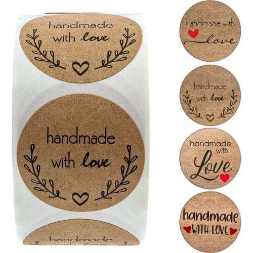 500pcs/roll 1inch Kraft Natural Handmade With Love Stickers for Package Thank You Stationery Adhesive Labels Baking Seal labels