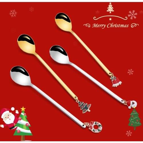 6 Pcs Creative Christmas 304 Stainless Steel Coffee Stirring Spoon Dinnerware Set Gold Silver Color Teaspoons Reusable Kitchen