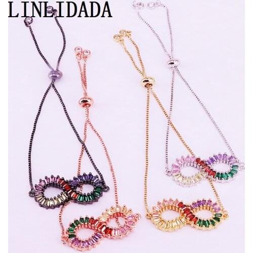 8Pcs Fashion Rainbow Micro Pave CZ Zirconia 8 Shaped Jewelry Slide Chain Bracelets Adjustable For Women Girls