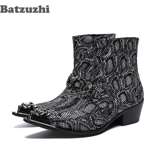 Batzuzhi Western Handsome Men Shoes Pointed Iron Tip Leather Boots Men Ankle Motorcycle Party Bota Masculina, Sizes 38-46, US12
