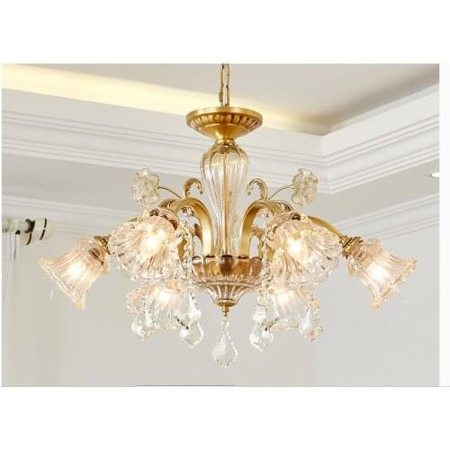 Free Shipping Copper Crystal Chandelier Brass Hanging Lamp Luxurious E14 AC LED Brass Crystal Lamp Lustre Suspension Lighting