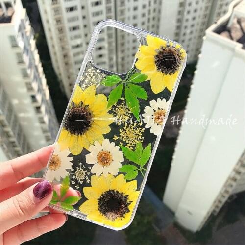 Real Flower Case for iPhone 12 Pro Max 12 mini 11 Xs Max 7 8 Plus SE2020 6S, Sun Flower Pressed Floral Phone Back Cover Women