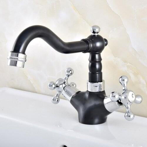 Black & Chrome Brass Bathroom Sink Faucet Basin Mixer Tap Double Cross Head Handle Single Hole Hot and Cold Water Nnf483