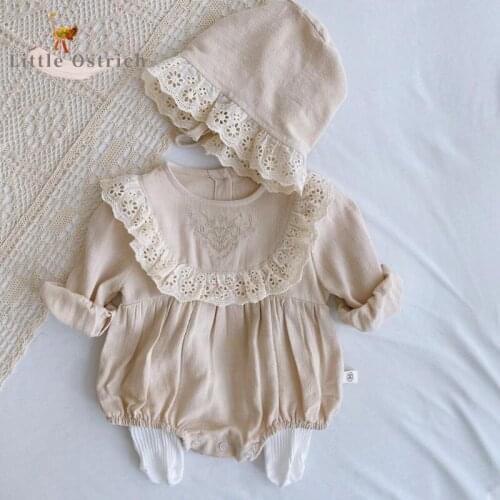 Newborn Baby Boy Girl Lace Cotton Romper With Cap Infant Toddler Jumpsuit Long Sleeve Spring Autumn Baby Clothes Outfit 0-2Y