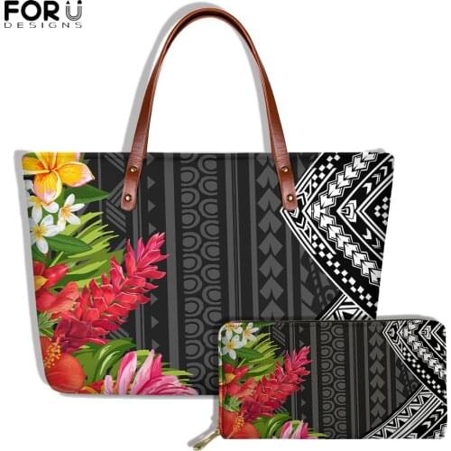 FORUDESIGNS Vintage Female Shoulder Bag&Purse 2pcs Set Hawaiian Polynesian Hibiscus Floral Flower Printed Women Handbag Bolsas