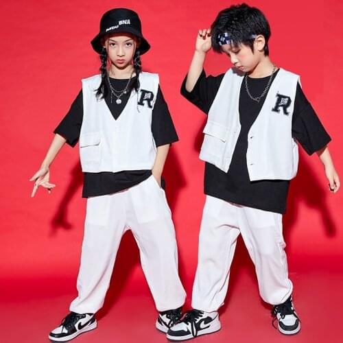 Children Hip Hop Dance Costume Girls Jazz Street Dance Performance Wear Handsome Vest Pants White Hip Hop Suit Rave Wear BL6696