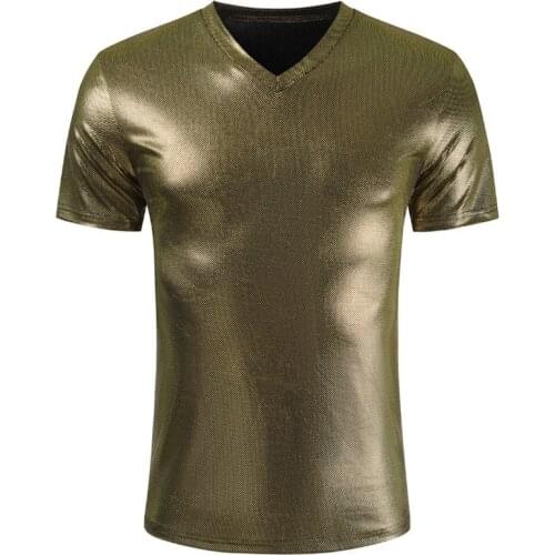 Gold Coated Metallic T Shirt Men Shinny Casual V-Neck Mens T-Shirt Night Club T Shirts Hip Hop Tops Solid Harajuku Streetwear