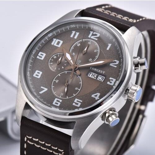 CORGEUT Brand Watches Men Stainless Steel Case Business Wristwatch Leather Fashion 30M Waterproof Male Clock Relogio Masculino