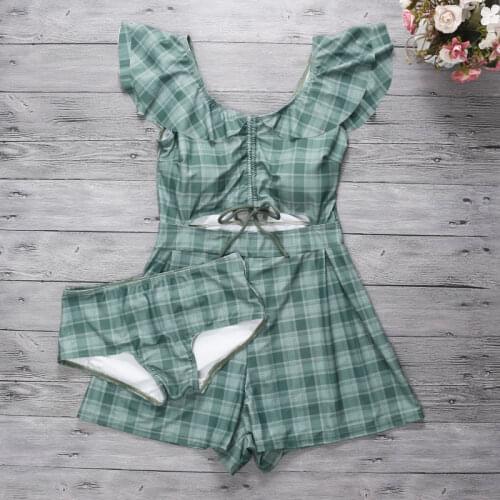 2021 New Women Plaid One Piece Swimwear Hole Bandage Bathing Suit Swimming Beachwear Swimsuit Ladies Swim Beach Holiday Dress