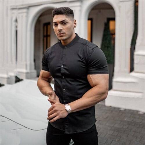 Summer Fashion Short Sleeve Shirt Men Solid Casual Slim Fit Social Business Dress Shirt Brand Mens Gym Fitness Sports Clothing