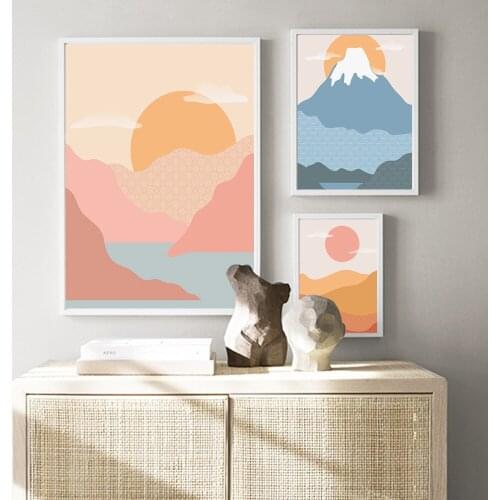 Modern Cartoon Mountain Sun Landscape Posters Scandinavian Home Decor Wall Art Canvas Painting Wall Art Pictures for Living Room