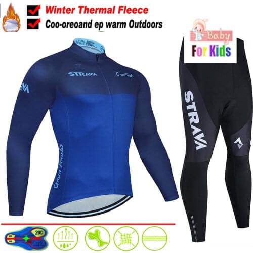 Strava kids Winter Fleece Pro Cycling Jersey Set Mountian Bicycle Clothes Wear Ropa Ciclismo Racing Bike Clothing Cycling Set
