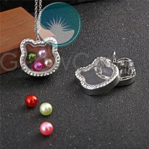 Rhinestone Cat Living Glass Memory Floating Lockets Magnetic Silver Color Pendant Necklace 50cm Steel Chain Jewelry