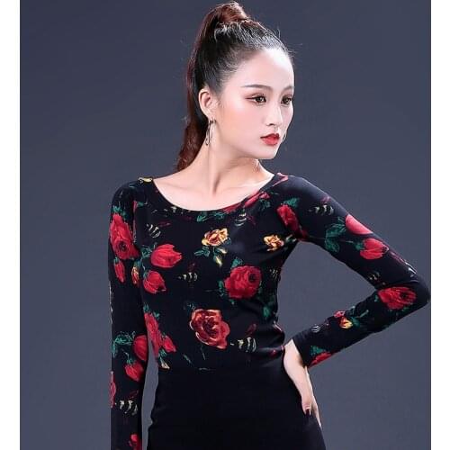 Latin Dance Tops Female Adult Flower Long-Sleeved Clothes Modern Ballroom Cha Cha Salsa Dancing Practice Top For Women DL3151