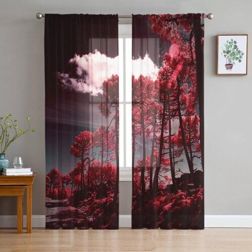 Forest Red Mangrove Tulle Sheer Window Curtains for Living Room Kitchen Children Bedroom Voile Hanging Curtain