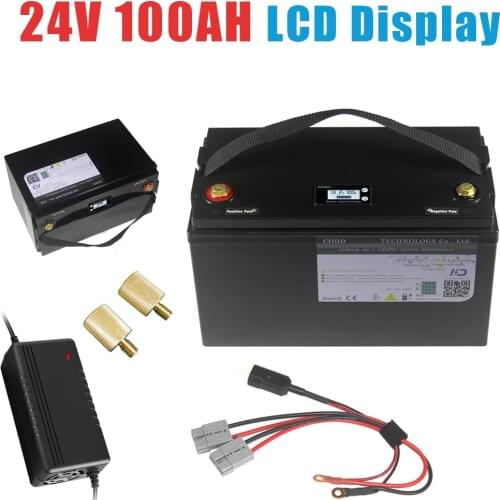 LCD Waterproof 24V 100AH Lithium ion Battery Electric bicycle 24V Solar Golf Car lipo Battery for Forklift fork 10A Charger
