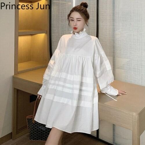 Women Fashion Black White Shirt Dress French Palace Long Puff Sleeve Loose Mini Dress Sexy Retro Turtleneck Chic Dress Vestidos