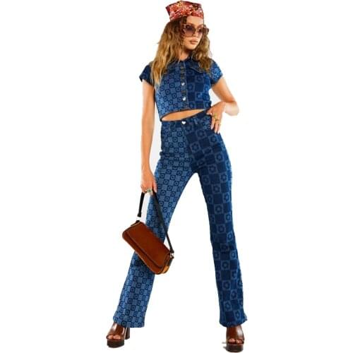 Womens Punk Style Bell Bottom High Waisted Skinny Straight Fit Flare Denim Pants Retro Printed Jeans