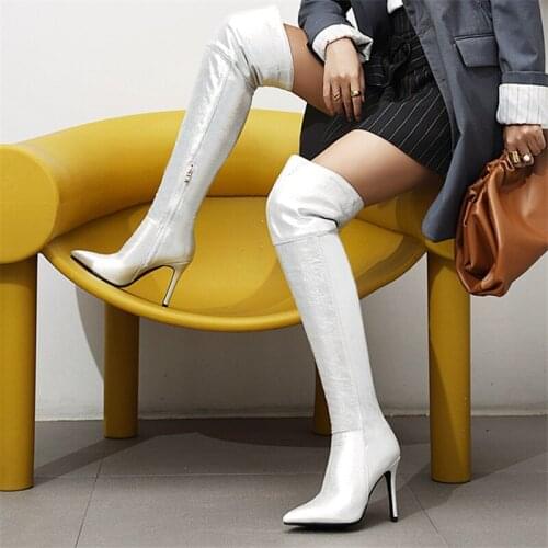 2021 Sexy silver Women Knee High Heel Boots Lady Riding boots Warm Winter Shoes Women Sexy Square Toe high-heel boots Size 43