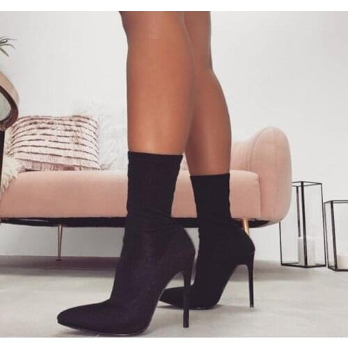 Drop Shipping New Pink Black Khaki Red Pointed Tie Elastic Mid-calf Boots Woman 12 cm Stiletto Heels Slip On Short Sock Boots