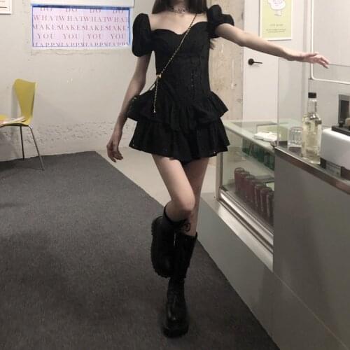 Dress Design Sense Black Square Collar Short Sleeve Dress Female Summer New Style Korean Waist Slim Short Skirt