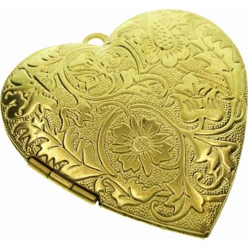 40MM Flower Stamped Raw Brass Big Heart Photo Locket Pendant Charm DIY Supplies 1130005