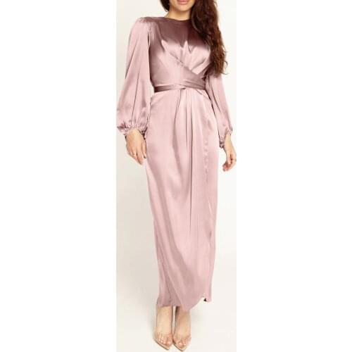 40# Womens Silk Elegent Evening Dresses Solid O-neck Long Sleeve Satin Soft Waist Ankle Party Dress Lantern Sleeve Retro Dress