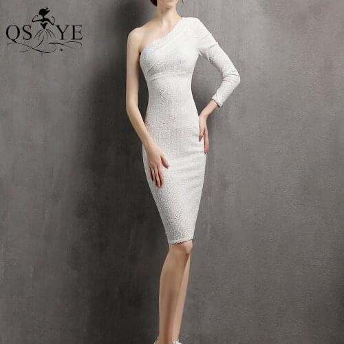 One Shoulder White Evening Dress Glitter Sheath Prom Gown Sexy Long Sleeves Party Dress Ruched Short Women White Formal Dress