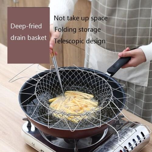 Household Multifunctional Colander Stainless Steel Folding Frying Basket Strainer Kitchen Tool Vegetable Washing Frying Basket
