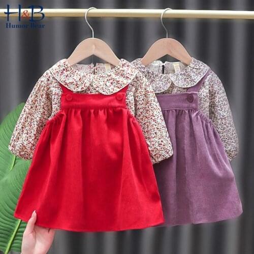 Humor Bear Baby Girls Clothes Set 2021 Autumn Puff-Sleeve Floral Shirt +Sling Dress 2pcs Casual Toddler Infant Clothes